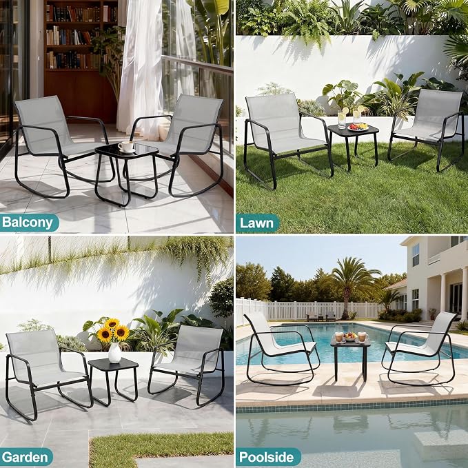 DUMOS 3 Piece Patio Rocking Furniture Set,Outdoor Patio Furniture Conversation Set with Table, Patio Sectional Bistro Sets for Lawn, Garden, Balcony, Poolside (Gray)