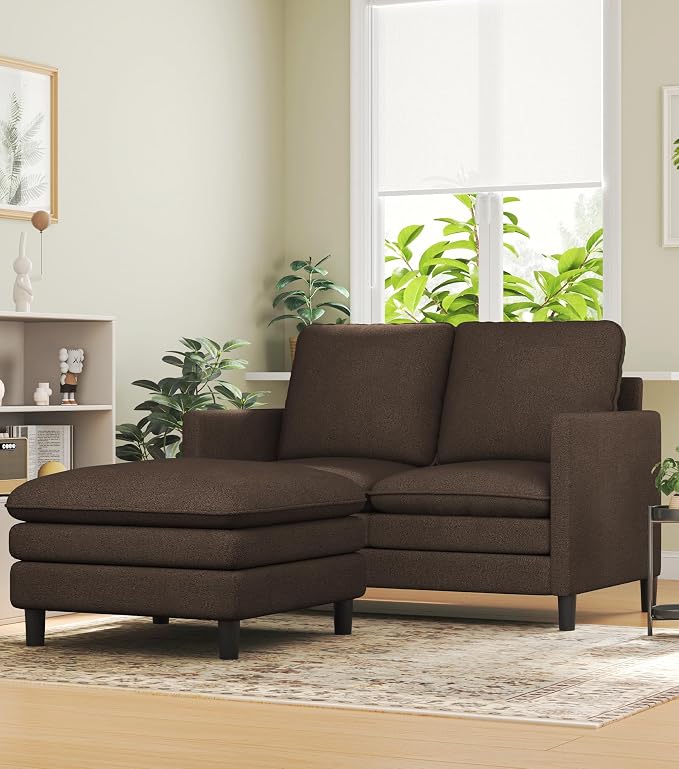 Welzona 3-Layers Cloud L Shaped Couch, 51" Loveseat Sofa Living Room, Bedroom - Tool-Free Assembly with Teddy Fabric Small L Shape Sofa - Brown - Removable Washable Covers - 650lbs Capacity