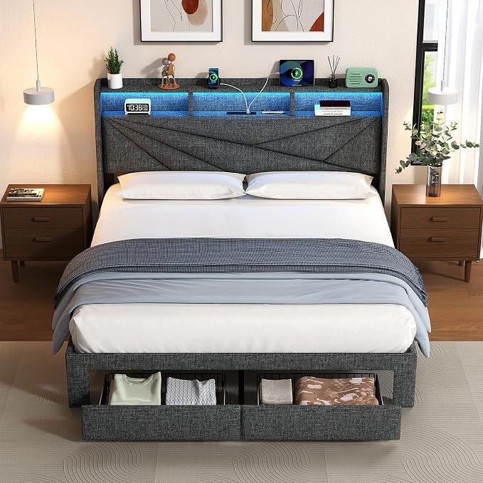 Full Size Bed Frame with Storage Headboard, Upholstered Full Bed Frame with LED Lights, USB Charging Station & 2 Storage Drawers, No Box Spring Needed, Dark Grey