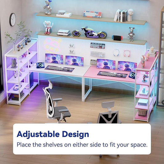 Pamray 49 Inch L Shaped Gaming Computer Desk with Shelves and Storage | Compact Reversible Design with LED Lights & Power Outlets, Suitable for Home Office Bedroom Small Spaces and Dorm Study Work