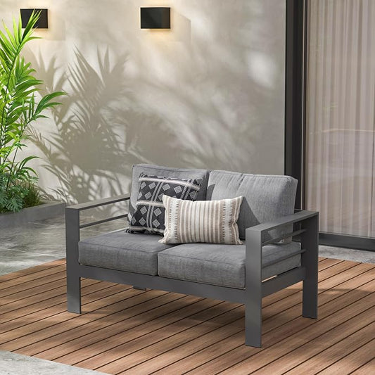 Wisteria Lane Aluminum Outdoor Sofa, 2 Seats Patio Couch All-Weather Rust-Proof Modern Metal Patio Furniture with 5" Thick Olefin Cushions, Light Grey