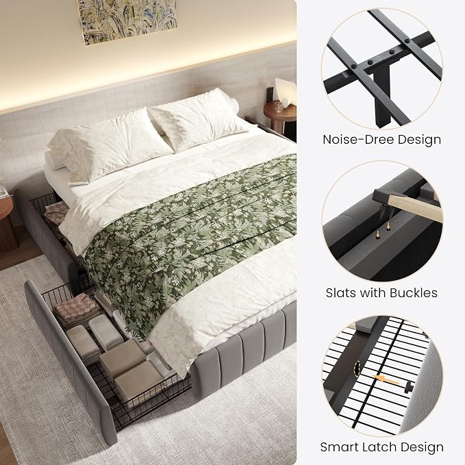 SHA CERLIN Queen Size Velvet Upholstered Platform Bed Frame with 4 Storage Drawers, Vertical Channel Tufted, Low Profile, Fits Standard Headboards, Wooden Slats Support, Easy Assembly, Grey