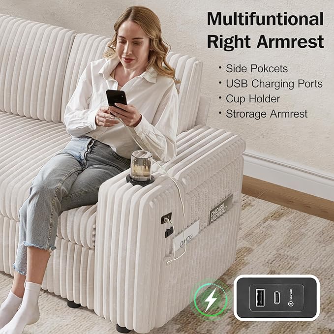Vipbear 111" Modular Sectional Sleeper Sofa with Pull Out Bed, 8 Seat Plush Corduroy U Shaped Couch with Storage Chaise|USB Ports|Cup Holders|Side Table| Storage Armrests, Tool Free Assembly, Beige