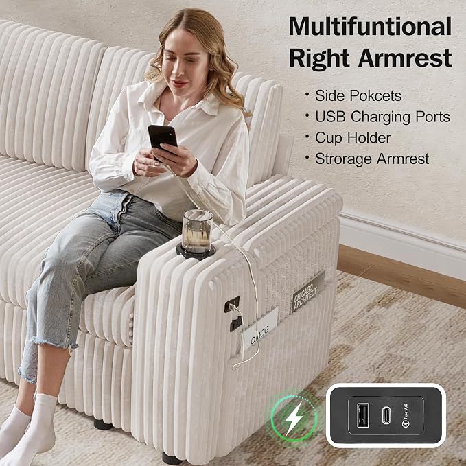 Vipbear 86" Modular Sectional Sleeper Sofa with Pull Out Bed, 5 Seat Plush Corduroy L Shaped Couch with Storage Seat|USB Ports|Cup Holders|Side Table|Storage Armrests, Tool Free Assembly, Beige