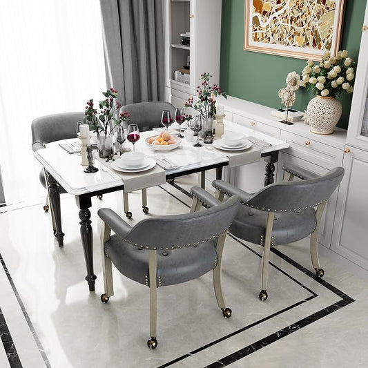 LEEMTORIG Dining Chairs with Casters and Arms, Upholstered Rolling Dining Chairs with Wheels for Elderly, Ergonomic Wide Seat Wooden Office Chairs, 26" Dx25.2 W, Grey Legs&Dark Grey Fabric SY-1318-GY