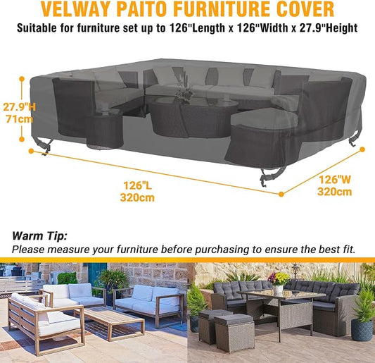 elway Patio Furniture Cover Waterproof Outdoor Sectional Sofa Set Covers, Large 126"Lx126"Wx28"H, All Weather Oxford Tear-Resistant Table Chair Set Cover with Windproof Design, Black