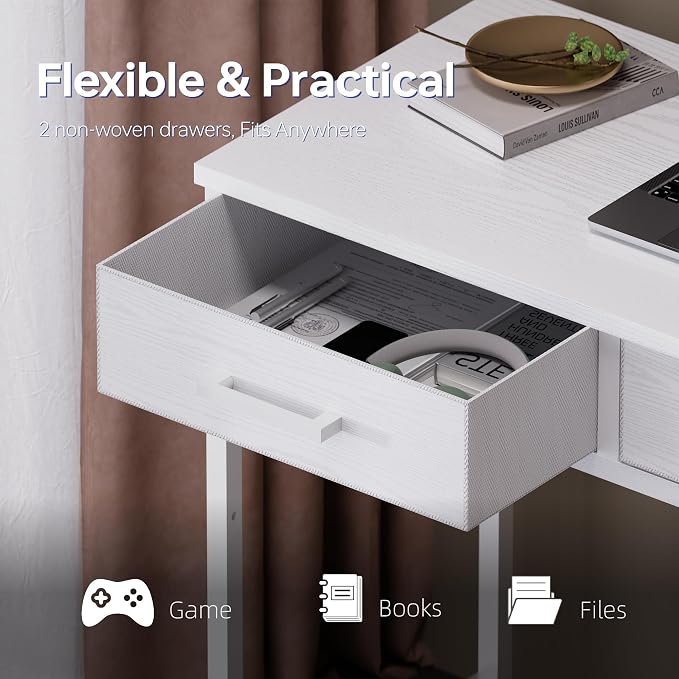 Pamray 32 Inch Small Computer Desk with 2 Drawers for Bedroom Study Writing Home Office Table for Small Spaces White