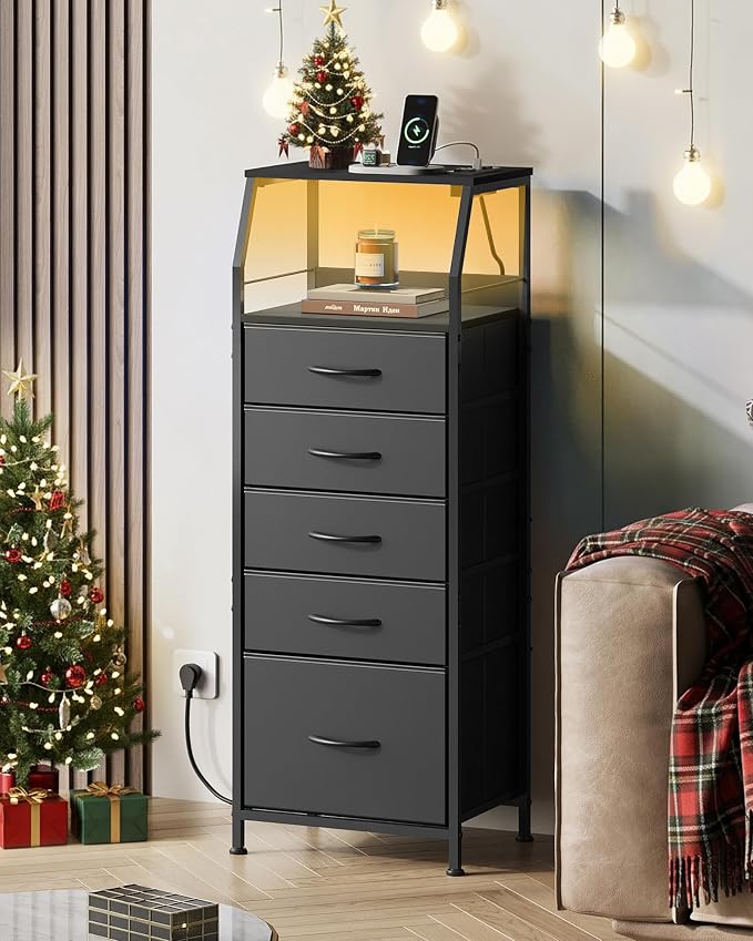 WLIVE LED Nightstand with Charging Station, Fabric Dresser with 5 Drawers for Bedroom, Tall Night Stand with Open Shelves, Bed Side Tables Living Room, Black