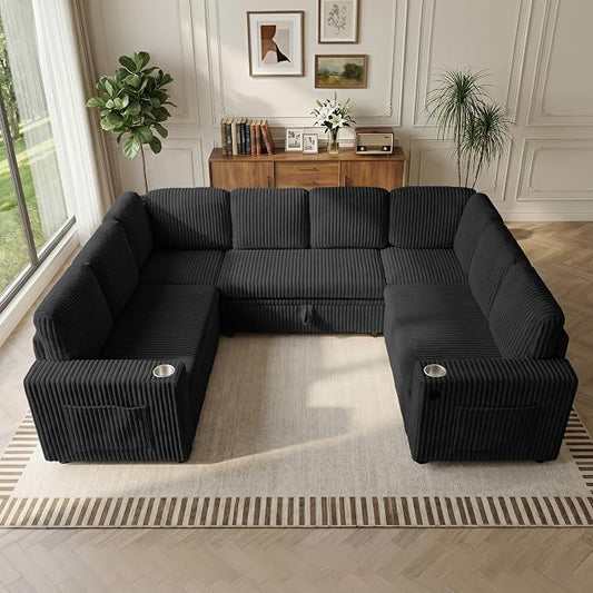 Sectional Sleeper Sofa with Pull Out Bed, 8 Seats U Shaped Modular Sectional Sofa with Storage, USB Ports, Cup Holders, Plush Corduroy Cloud Sectional Couches for Living Room, Black