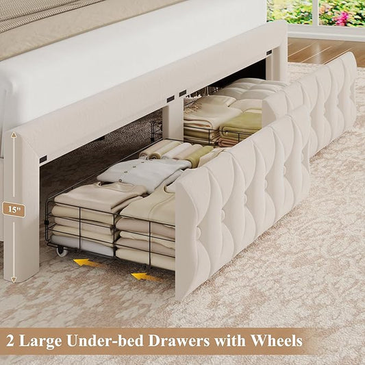 Queen Bed Frame 55" Tall Headboard with LED Lights, Buttons Tufted Velvet Upholstered Platform Bed Frame with 2 Storage Drawers, Wood Slats Support Mattress Foundation, No Box Spring Needed, Beige