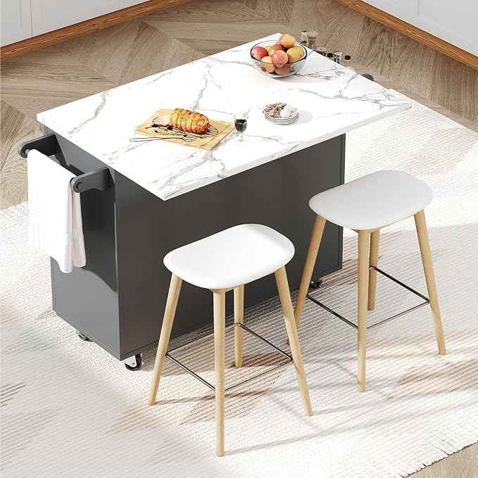 4 EVER WINNER Kitchen Island on Wheels with Storage and Drop Leaf, Faux Marble Texture Tabletop, 43" Kitchen Island Cart with Towel Rack & Spice Rack, Rolling Islands Cart for Kitchen, Gray