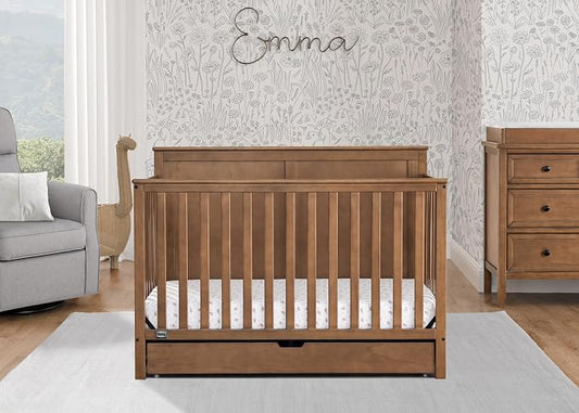Simmons Kids Logan 6-in-1 Convertible Crib with Underdrawer - Greenguard Gold Certified, Chestnut