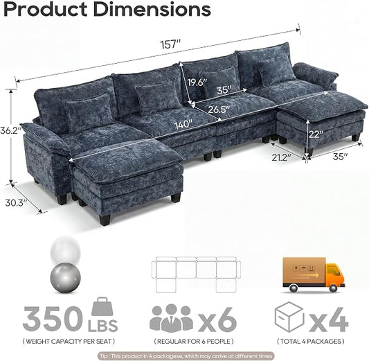 URRED Oversized Modular Sectional Sofa, 157" U Shaped Modern Comfy Cloud Couch with Movable Ottoman & Pillows, Deep Seat Couches for Living Room, Bedroom or Apartment (Chenille Blue, 157" U Shaped)