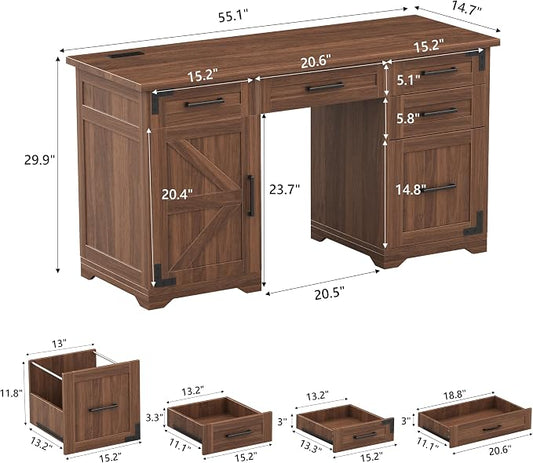 LUMISOL 55” Farmhouse Executive Desk with Charging Station and Power Outlet, Computer Desk with 5 Drawers and Cabinet, Rustic Wood Writing Study Table with File Drawer, Walnut