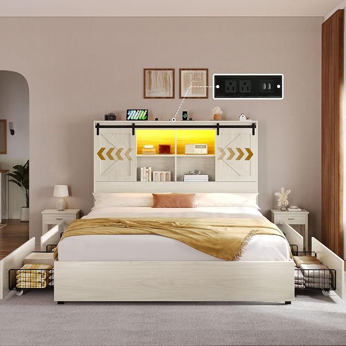 DWVO Farmhouse Queen Size Bed Frame with Storage Bookcase Headboard, Sliding Barn Door, 4 Storage Drawers, RGB LED Bed Frame with USB Charging Station, No Box Spring Needed, Antique White