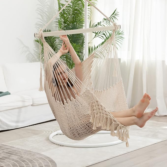 Hammock Chair,Max 330lbs, Large Hanging Chair, Soft Cotton Rope Swing Chair with High Load-Bearing Metal Rod,Indoor Outdoor Garden Yard Living Room Use Beige