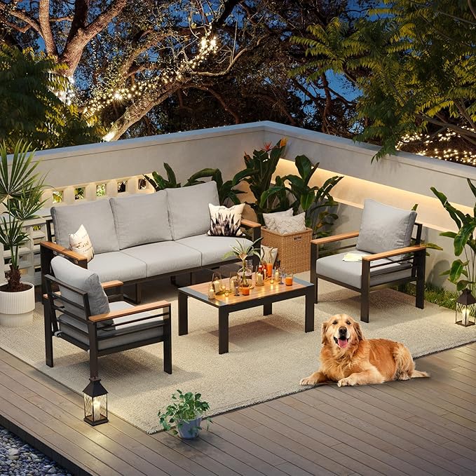 Aoxun Aluminum Patio Furniture Set 5 Seats, Oversized Outdoor Sectional with Washable Thick Cushions, Coffee Table, Patio Conversation Sets for Porch, Balcony, Deck