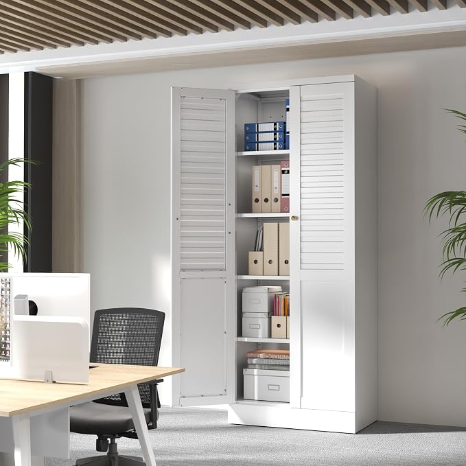 LEYNOT 61 inch Tall Kitchen Pantry Cabinet,Metal Storage Cabinet with 4 Adjustable Shelves,Freestanding Cupboard for Canned Food,Snacks,Small Appliances(White)