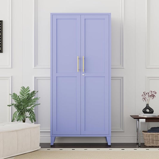 61" H Purple Metal Storage Cabinet with Door and 3 Adjustable Shelves Kitchen Pantry Cabinet with 2 Gold Handles Tall Metal Pantry Cabinet Freestanding Cupboard For Dining Room Living Room Bathroom 