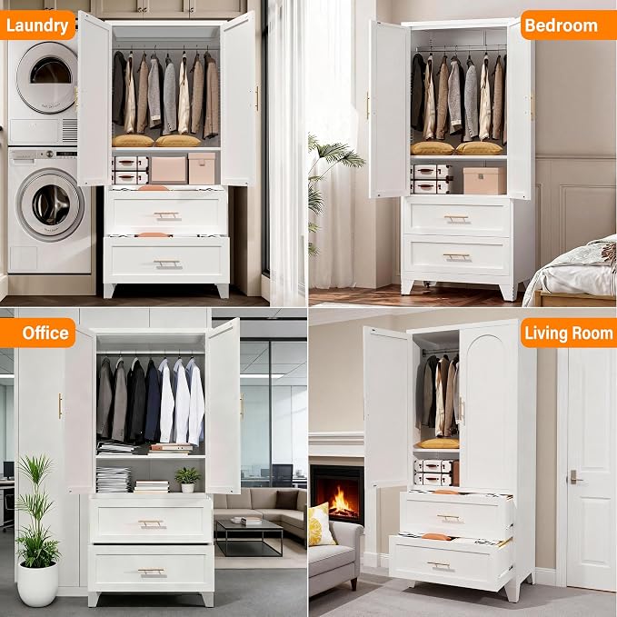 Anwick Metal Wardrobe Closet, 71" Tall Black Metal Wardrobe Cabinet with Hanging Rod, 2 Drawers, 2 Doors and Adjustable Shelf for Bedroom Guest Room Laundry Room (White, 71" Tall)