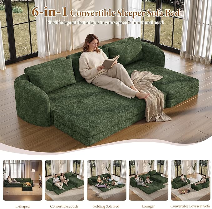 Vesgantti 110.2" Boneless Sectional Couch with Curved Armrest, 6 in 1 Convertible Folding Sleeper Sofa Bed, Chenille Modular Sofa for Living Room, No Assembly Required, Green, Right Facing Chaise