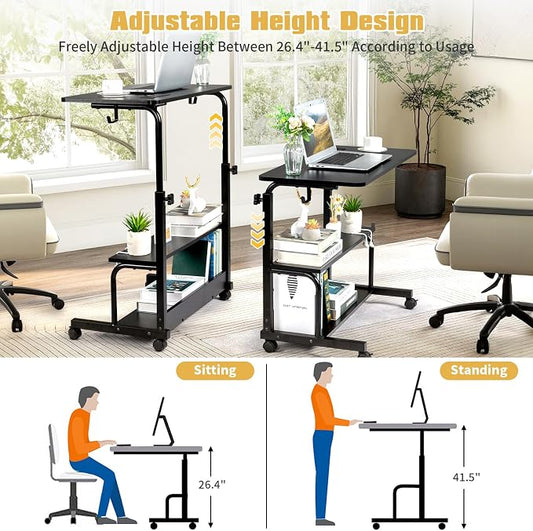 Mobile Laptop Desk with Power Outlets, Height Adjustable TV Tray Table with Storage Shelf, Rolling Computer Table with USB Ports (Black)