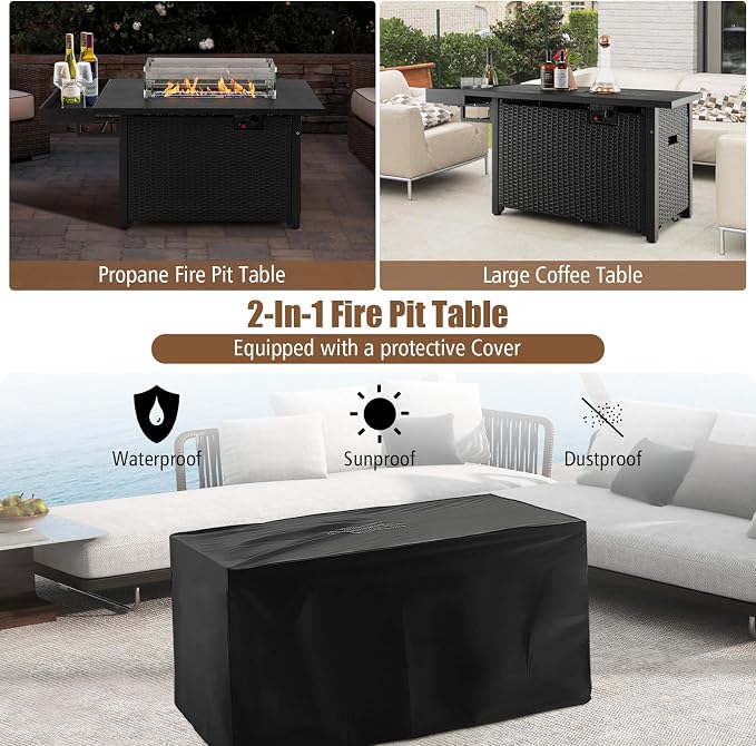 Tangkula Patio Propane Fire Pit Table, 52 Inch Wicker Gas Fire Pit with Wind Guard & Extended Shelf, 50,000 BTU Heat Output, Rectangular Fire Table with Blue Fire Stone & Waterproof Cover (Black)