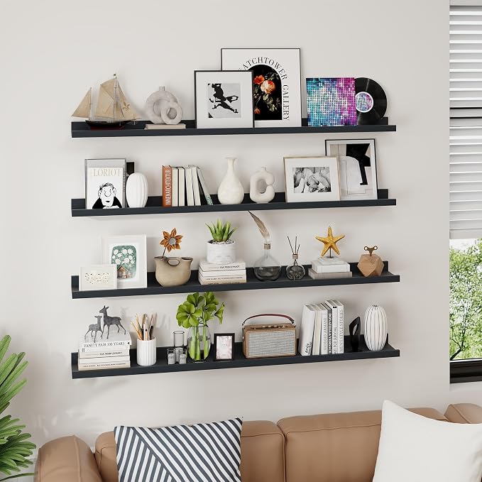 Axeman 48 Inch Black Picture Ledge Shelf Set of 4, 48 Inch Floating Shelves, Rustic Wood Wall Shelf with Lip, 48" Black Picture Shelves for Wall with Ledge