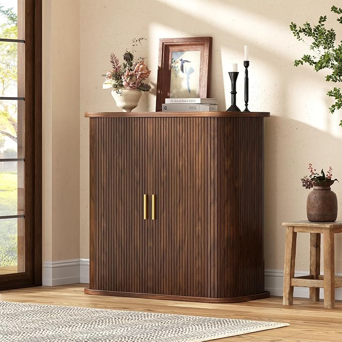 UNIQUITE Shoe Storage Cabinet with Sliding Doors, 5-Tier Wood Shoe Cabinet for Entryway, Adjustable Shelves Freestanding Shoe Organizer with Gold Handle for Hallway, Living Room, Walnut