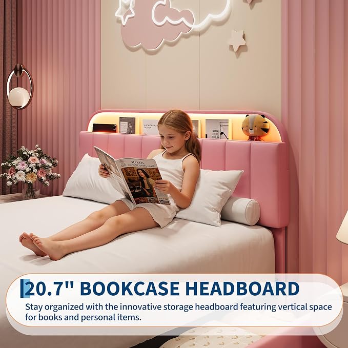 Garvee Full Size Bed Frame with 2 Flexible Drawers, Velvet Upholstered Platform Bed Frame with Bookcase Headboard and LED Lights, Kids Bed for Girls, Easy Assembly, Noise Free, Pink