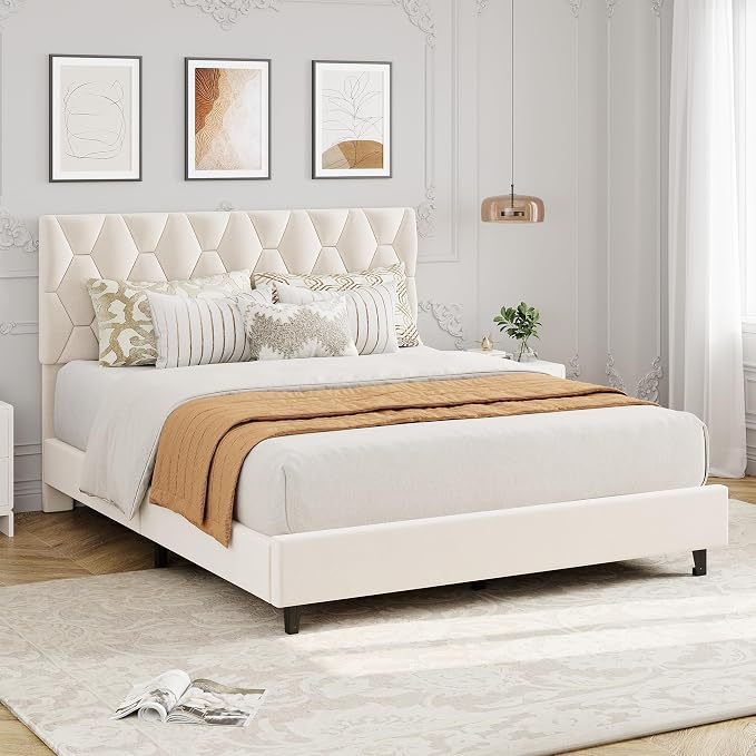 GarveeHome Beige Full Bed Frame with Headboard, Heavy-Duty Platform Bed Frame with Adjustable Headboard, Upholstered Mattress Foundation with Strong Wood Slat Support/No Box Spring Needed/Noise Free