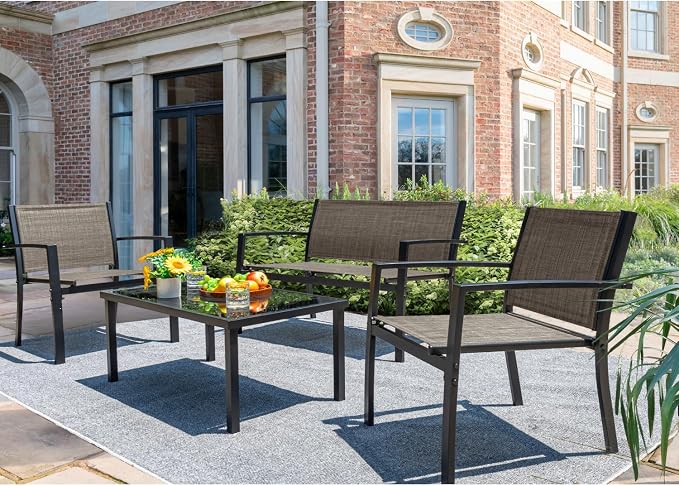 Devoko 4 Pieces Patio Furniture Set Outdoor Garden Patio Conversation Sets Poolside Lawn Chairs with Glass Coffee Table Porch Furniture (Brown)