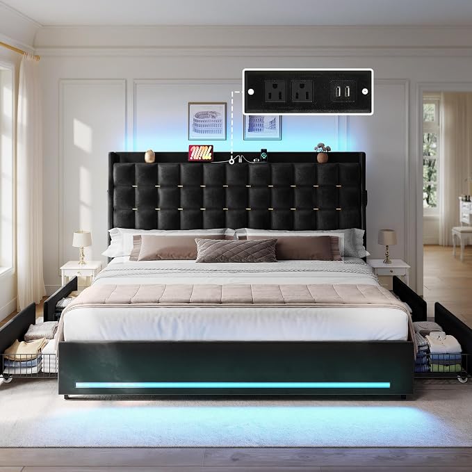 DWVO King Size Bed Frame with 4 Drawers and RGB LED Lights, Velvet Upholstered Platform Bed with Charging Station and Storage Headboard, No Box Spring Needed, Easy Assembly, Noise-Free, Black