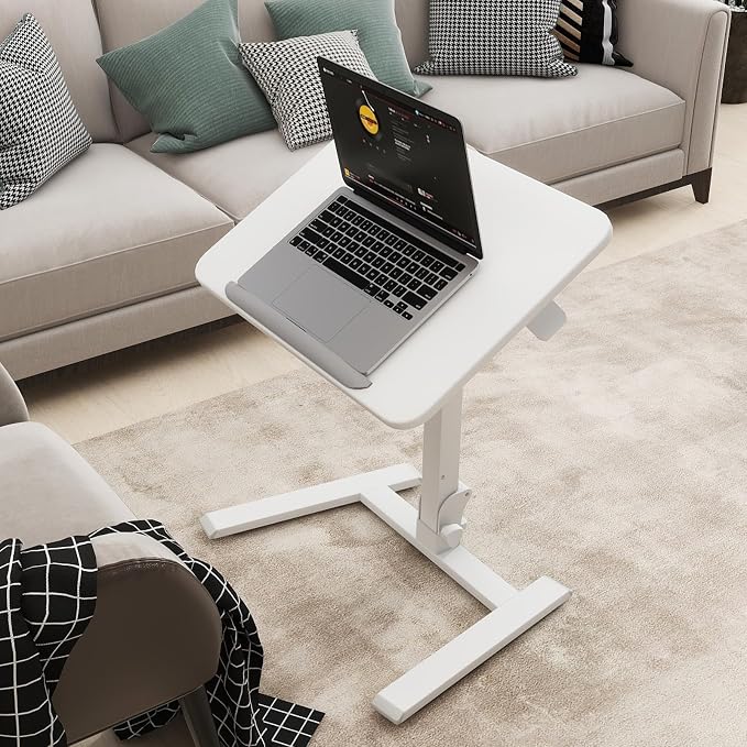 PUNCIA 25" Mobile Folding Desk, No Assembly Required Pneumatic Sit-Stand | Adjustable Height Laptop Table, 0-90° Tilt Top Computer Cart for Home Office, Small Space, Bedroom and Dorm, White