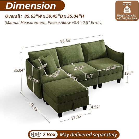 WorthFurni Modular Sectional Sofa L Shape Couches with Storage Ottoman and Washable Cushion Cover for Living Room, Apartment, Bedroom(Green)