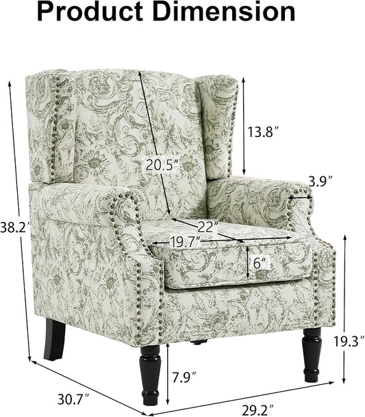 Pia Ricco High Back Floral Accent Chair - Retro Wingback Upholstered Armchair with Nailhead Trim, Solid Wood Legs, Fabric Living Room Bedroom Reading Chair (Plants Green)