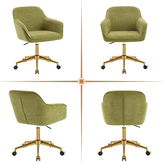 Zesthouse Vanity Chair with Wheels for Girl Women, Swivel Office Desk Chair | Green Chenille Rolling Office Chair with Arms & Gold Base, Upholstered Fabric Desk Chair for Bedroom, Height Adjustable Chair