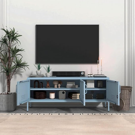3 Door TV Standwith Storage Locke Metal TV Cabinet with 2-Tier Multi-Purpose Lockable Wide Storage Cabinet, Media Console Table with Metal Legs for Living Room, Bedroom,Office,Blue
