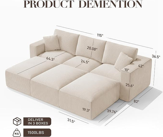 Modular Sectional Sofa Bed with Chaise, 115" Memory Foam Cloud Couch, Boneless Corduroy Upholstered Floor Couch, No Assembly Required Living Room Furniture for Apartment Home, Beige