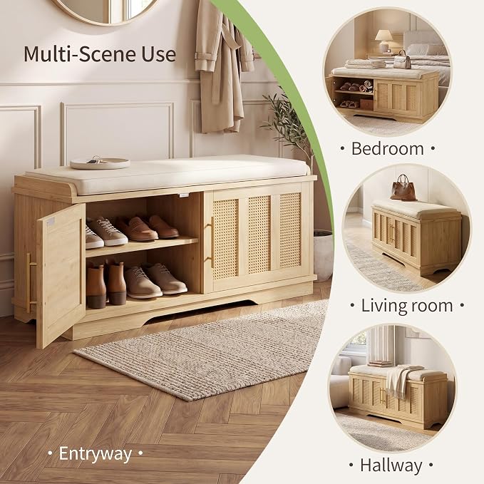 Heybly Shoe Cabinet with Bench, Rattan Entryway Storage Bench with Cushion, Shoe Storage Bench Cabinet with 2 Doors, Adjustable Shelves, Wooden Shoe Bench 39.4" for Living Room Bedroom Hallway HSB002N