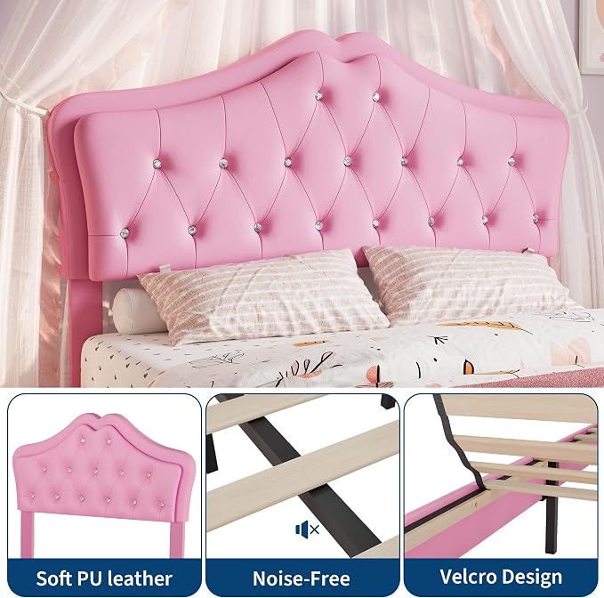 Garvee Full Size Bed Frame with LED Lights & Velvet Crystal Button Headboard, Upholstered Boy/Girl Platform Bed with Storage Drawer, Noise Free, No Box Spring Needed for Kids, Teens, Pink