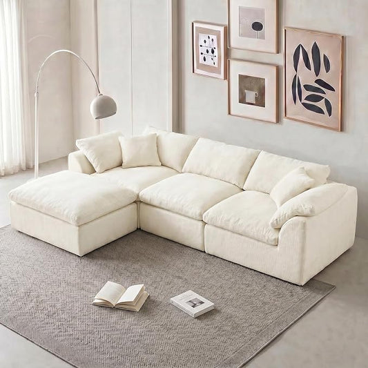 110" Boneless Cloud Couch Sectional for Living Room, Oversized Modular L Shaped Sofa with Ottoman, Deep Seat Chenille Sectional Couch for Cloud-Like Comfort (Beige)