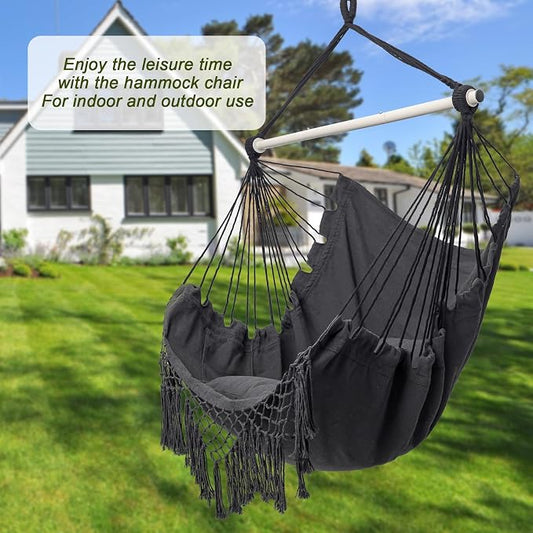 Hammock Chair, Hanging Rope Swing Seat with 2 Cushions,Macrame Hanging Chair Side Pocket with High Load-Bearing Metal Rod,for Indoor, Outdoor, Extra Comfortable (Dark Grey)