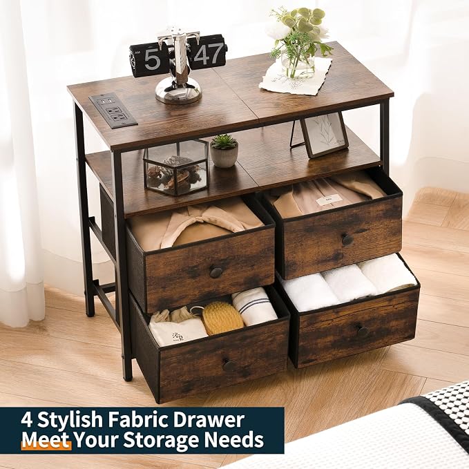 Yoobure Night Stand with Charge Station, Nightstand with 4 Drawers Bedside Table, LED Dresser with Storage Shelf, Night Stands for Bedroom, Side Table 3-Tier Wood End Table for Home Rustic Brown