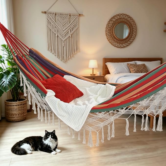 Bellzacasa Brazilian Double Camping Hammock, Portable Hammock Heavy Duty 500 lb Load Capacity Tassels and Fishtail Knitting with Carry Bag & Tree Straps for Patio Balcony Backyard, Red Stripes