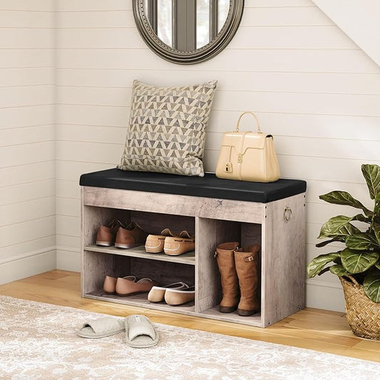 HOOBRO Shoe Storage Bench with Cushion, 32.3'' Entryway Bench with Lift Top Hidden Storage and Adjustable Shelves, Wooden Shoe Rack Bench for Entryway Bedroom, Rustic Brown and Black BG40HX01