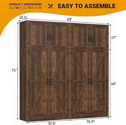 Unikito 71” Tall Storage Cabinet, Farmhouse Kitchen Pantry Cabinet with Adjustable Shelves and Barn Doors, Versatile Storage Cupboard for Dinning Room, Bathroom, Living Room, Weathered Brown, 2 Pack