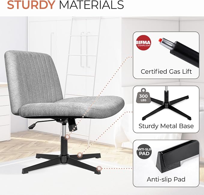 Orange Factory Criss Cross Chair No Wheel Wide Cross Legged Office Desk Vanity Chair Comfy Fabric Armless Adjustable Swivel for Home Computer Task (Grey No Wheel, Classic Fabric)