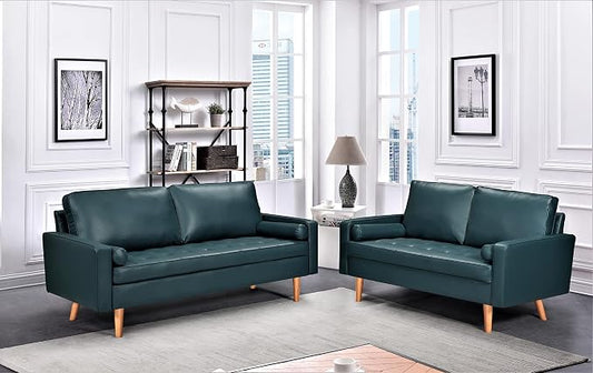 Container Furniture Faux Leather Sofa for the Modern Living Room with Removable Cushions and Solid Wood Legs, Luxury Style Button-Tufted Couch, 69.68" Wide, Dark Ocean Blue