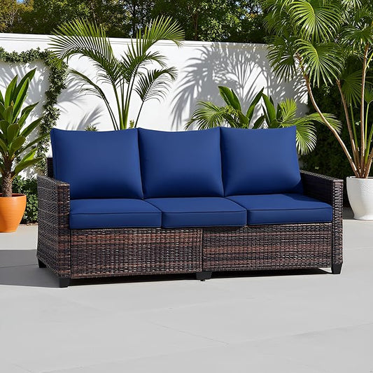 3-Seat Outdoor Sofa, PE Rattan, Blue | High Back Support,Deep Seat Comfort,All-Weather Cushions,For Patio/Garden/Deck,Modern Style